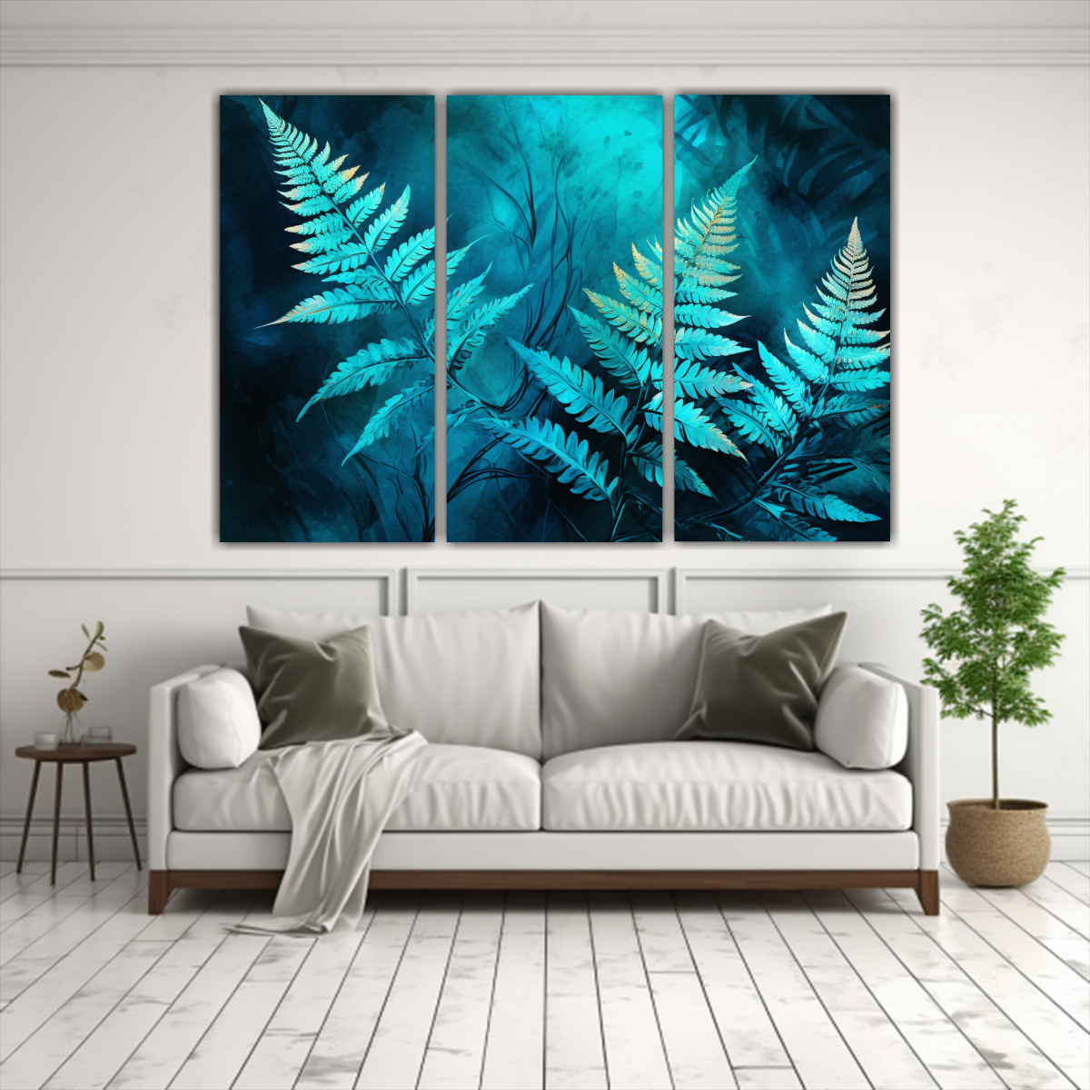 lienzos-arte-gr-fico-hojas-helecho-en-turquesa-ambiente-neonoir-1