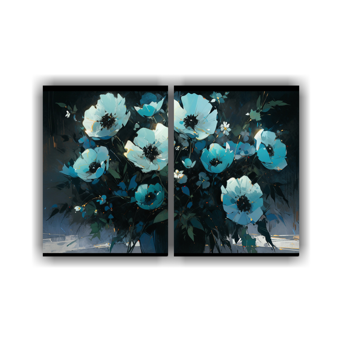 pintura-abstracta-en-bastidor-flores-turquesa-y-negras-