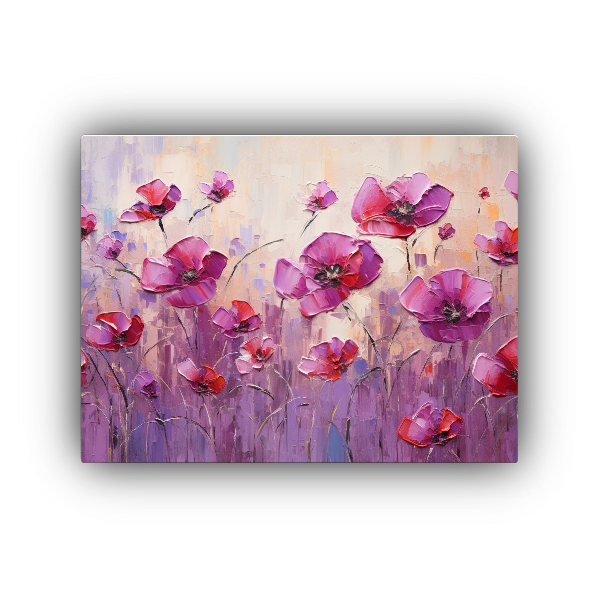 Pintura De Flores En Lienzo Con Combinación Armoniosa De Colores Púrpura Y Rojo