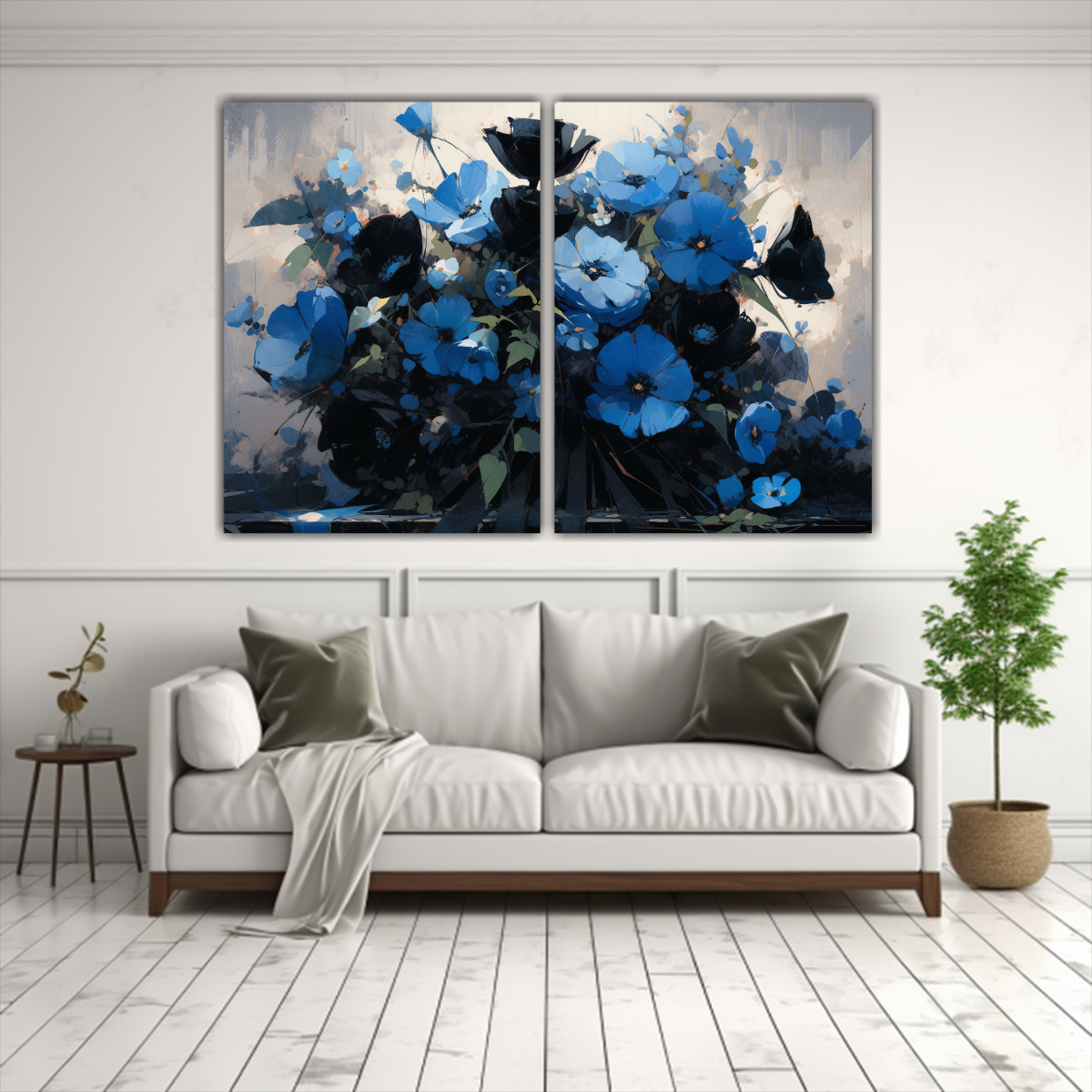 pintura-de-flores-en-lienzo-equilibrio-visual-en-negro-y-azul-1