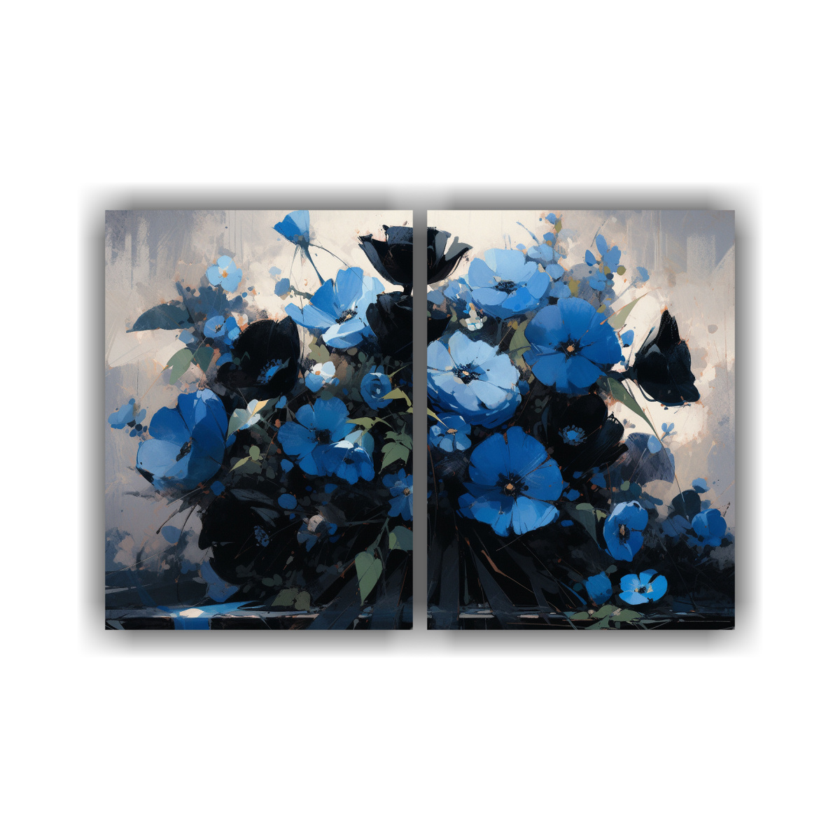 pintura-de-flores-en-lienzo-equilibrio-visual-en-negro-y-azul