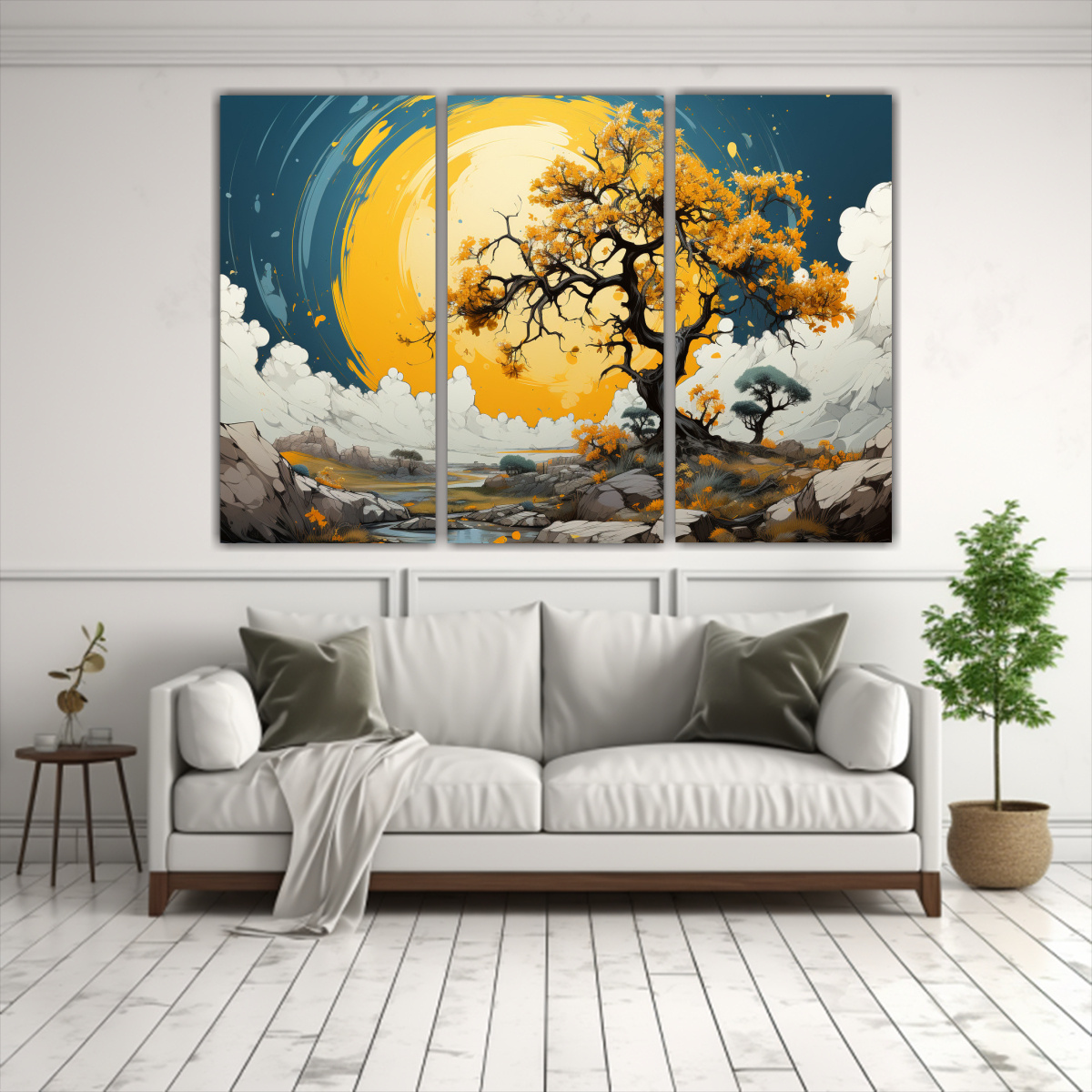 pinturas-conceptuales-de-3-telas-en-bastidor-rbol-de-manzana-en-tonos-amarillos-1