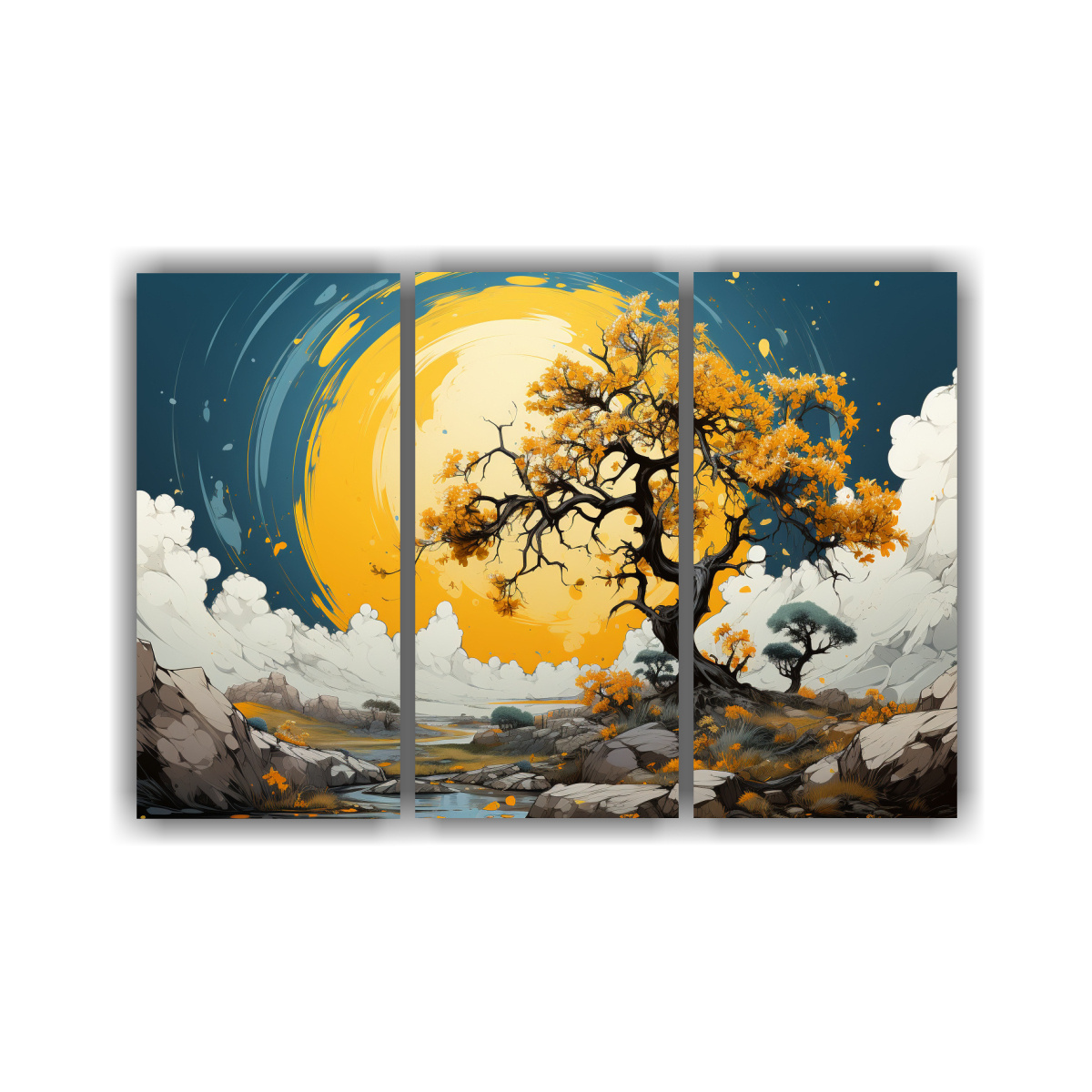 pinturas-conceptuales-de-3-telas-en-bastidor-rbol-de-manzana-en-tonos-amarillos