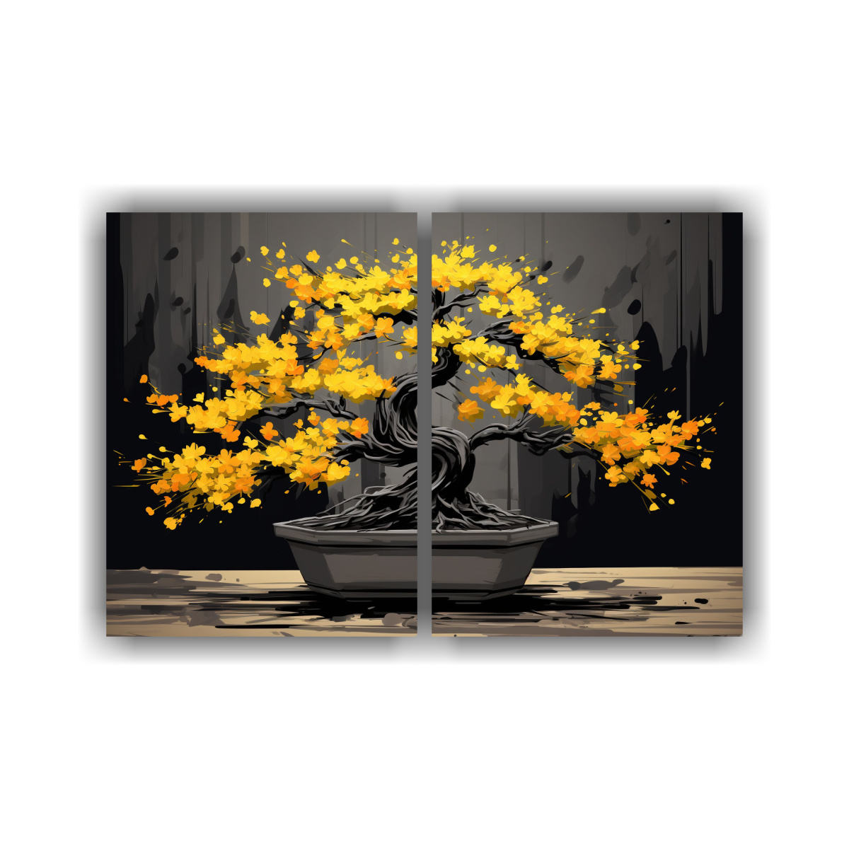 Pinturas Díptico Forma Salón Árbol Bonsái En Amarillo Y Negro Atmosfera Neonoir