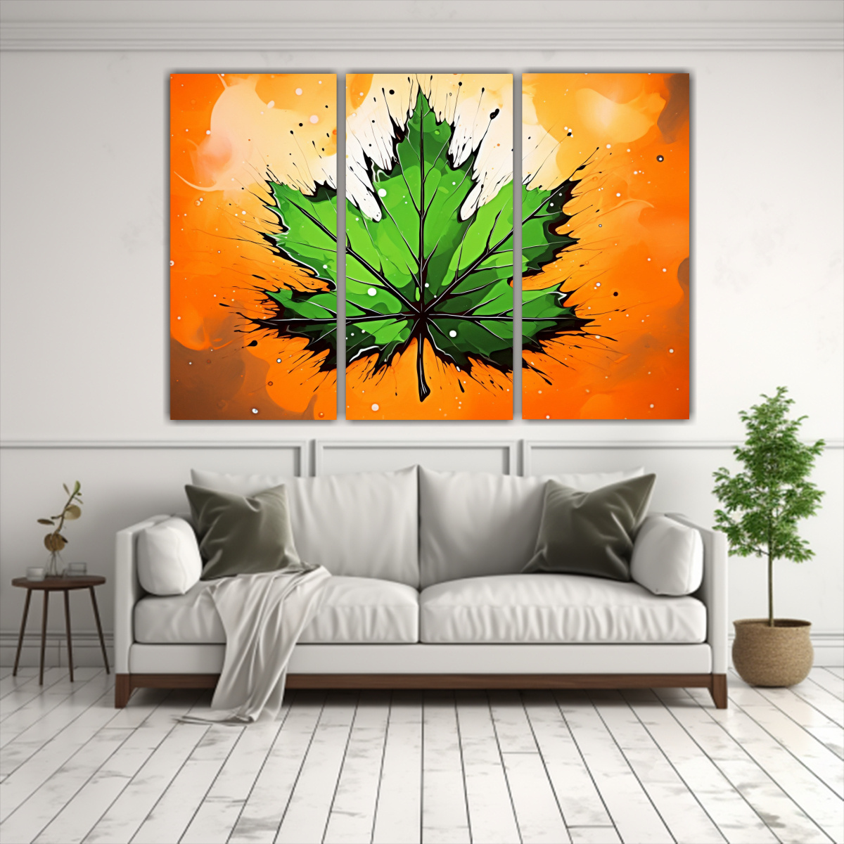 pinturas-de-pared-modernas-con-hojas-de-arce-en-tonos-verde-y-naranja-1