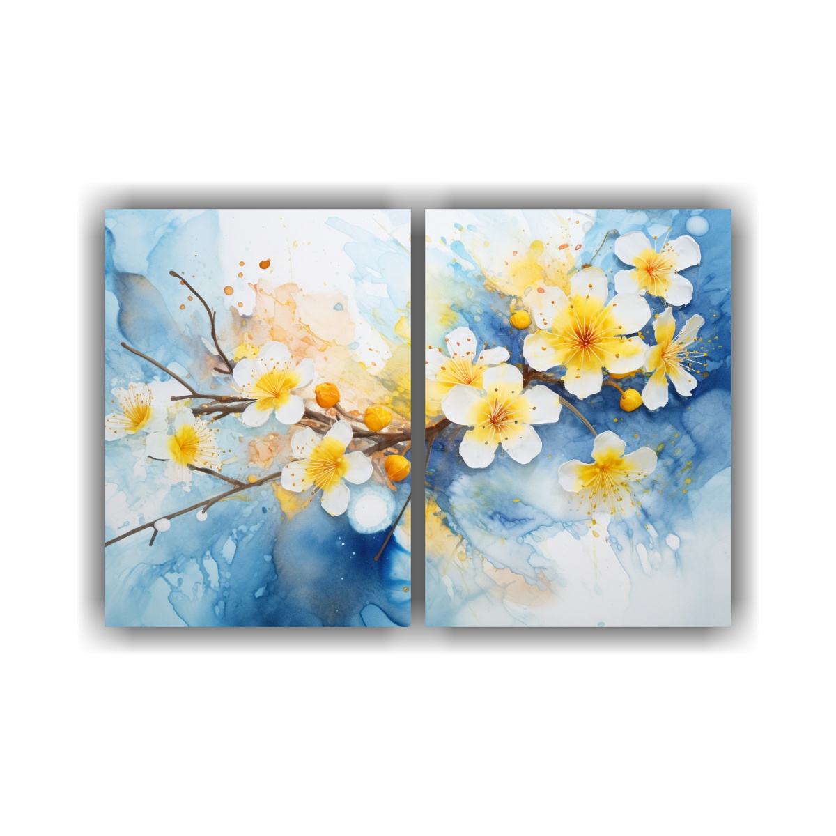 pinturas-decorativas-abstractas-en-amarillo-y-azul-con-flores-de-cerezo-