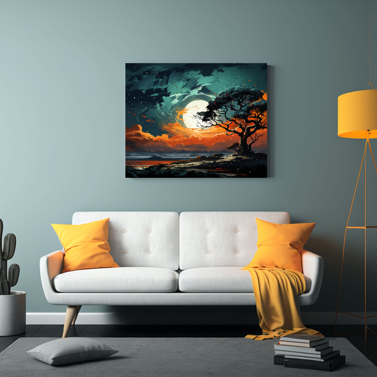 pinturas-decorativas-de-figuras-creativas-en-un-rbol-de-sabana-y-desierto-en-colores-verde-y-turquesa-1