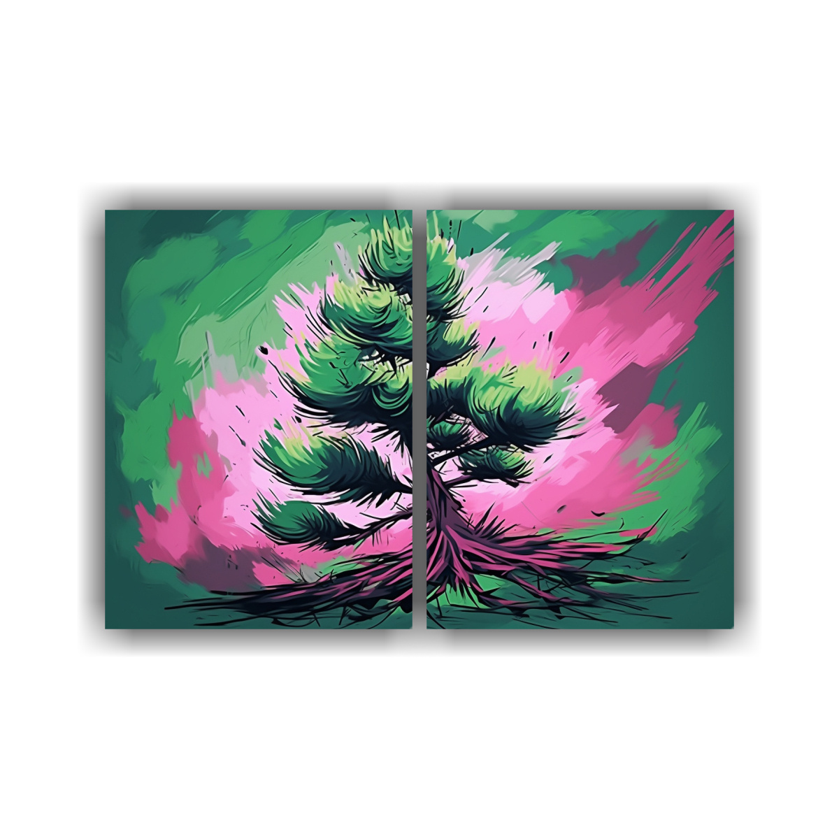 pinturas-decorativas-de-un-rbol-de-pino-escoc-s-en-tonos-verde-y-rosa-con-atm-sfera-neonoir-