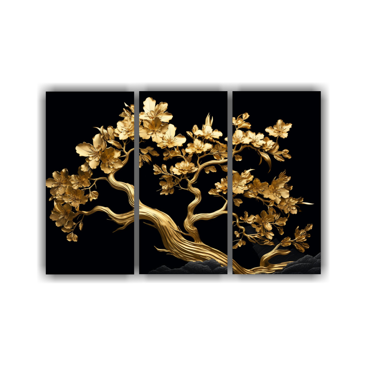 pinturas-decorativas-tres-cuadros-vanguardia-estilo-tropical-rbol-en-oro-y-negro