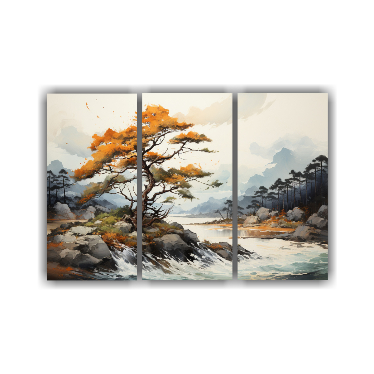 Tríptico Fotografía Único Pino Escocés Naranja Y Negro Arte Abstracto