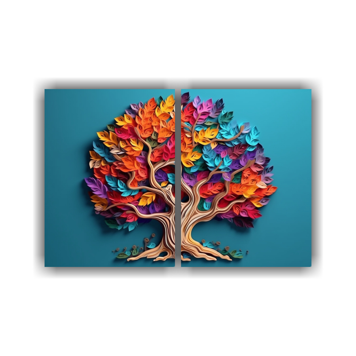 cuadros-originales-con-rbol-colorido-y-escultura-de-papel