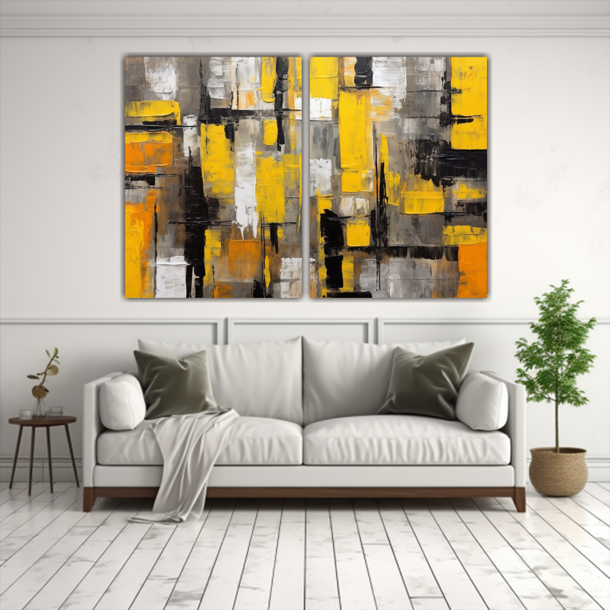 dos-cuadros-movimiento-llamativo-abstracto-impasto-cubista-amarillos-brillantes-1