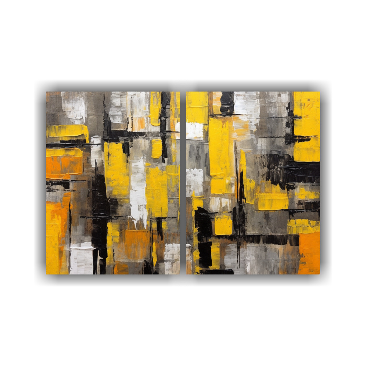 dos-cuadros-movimiento-llamativo-abstracto-impasto-cubista-amarillos-brillantes