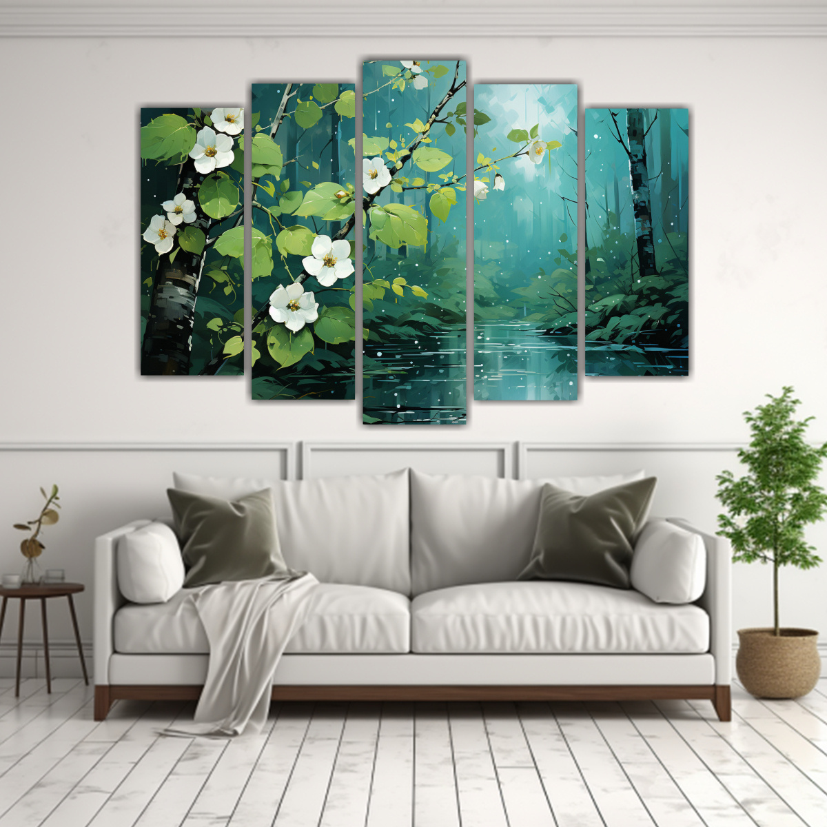 conjunto-5-cuadros-rbol-abedul-verde-neonoir-neo-pop-1