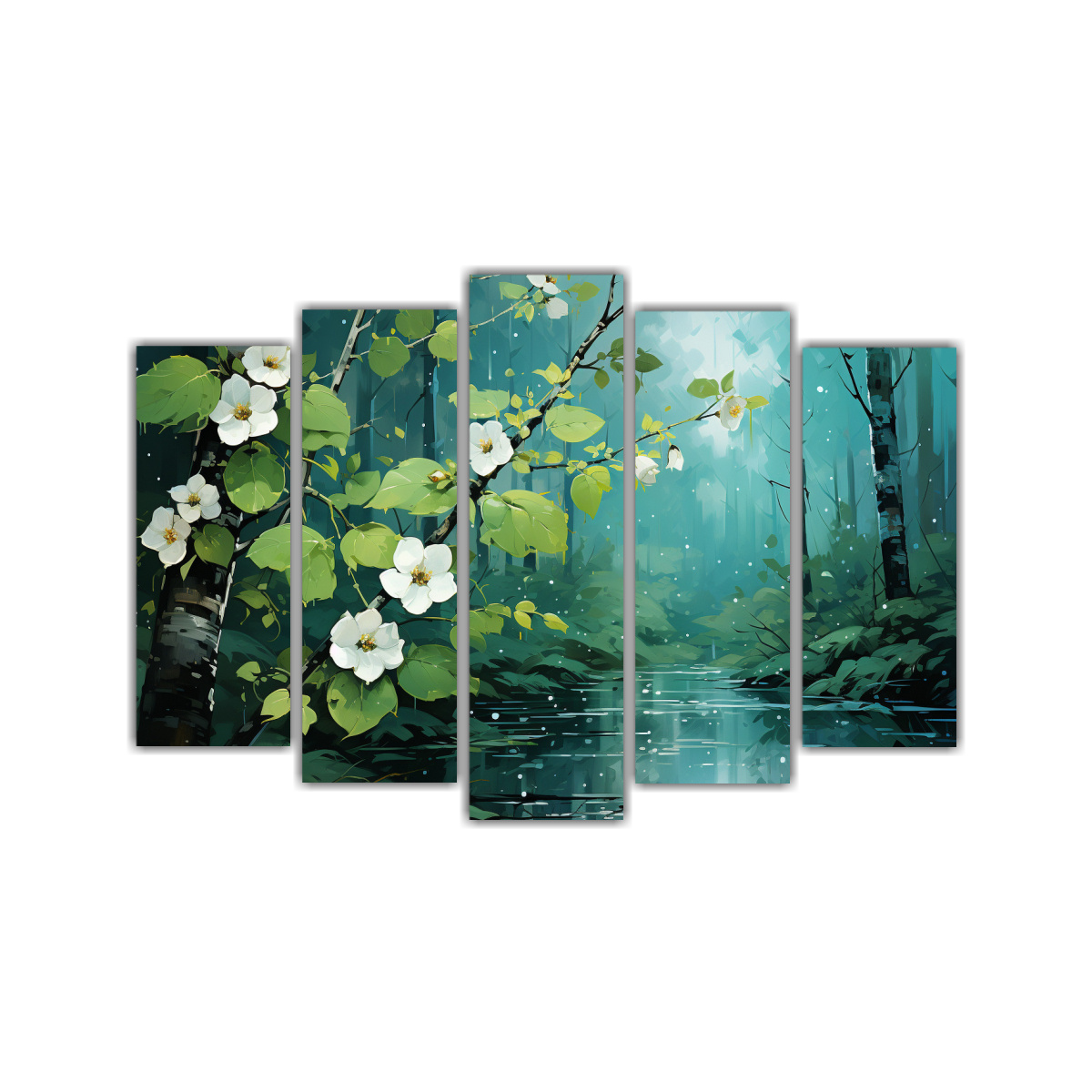 conjunto-5-cuadros-rbol-abedul-verde-neonoir-neo-pop