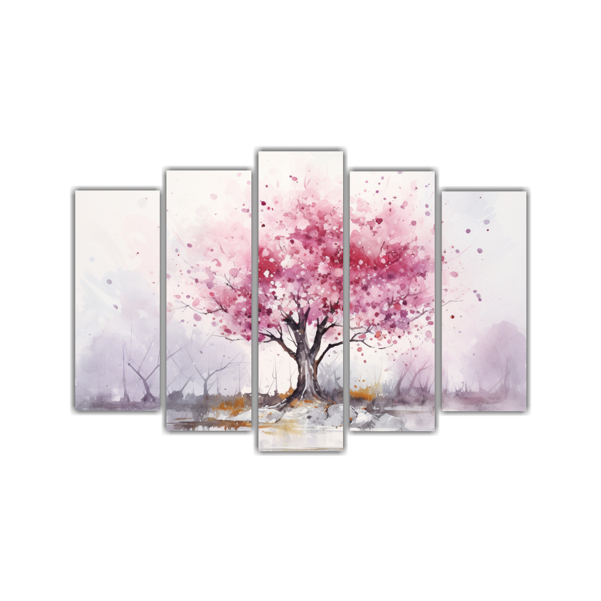 conjunto-de-5-telas-en-bastidor-moderno-para-cuarto-en-colores-blanco-y-rosa-con-pintura-abstracta-de-rbol-cerezo