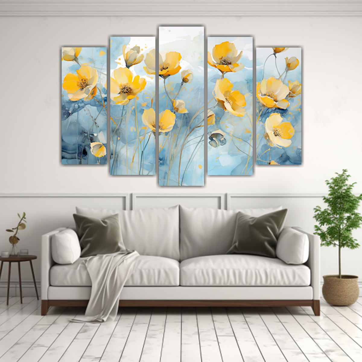 cuadro-abstracto-de-flores-de-cal-ndulas-en-oro-y-azul-1