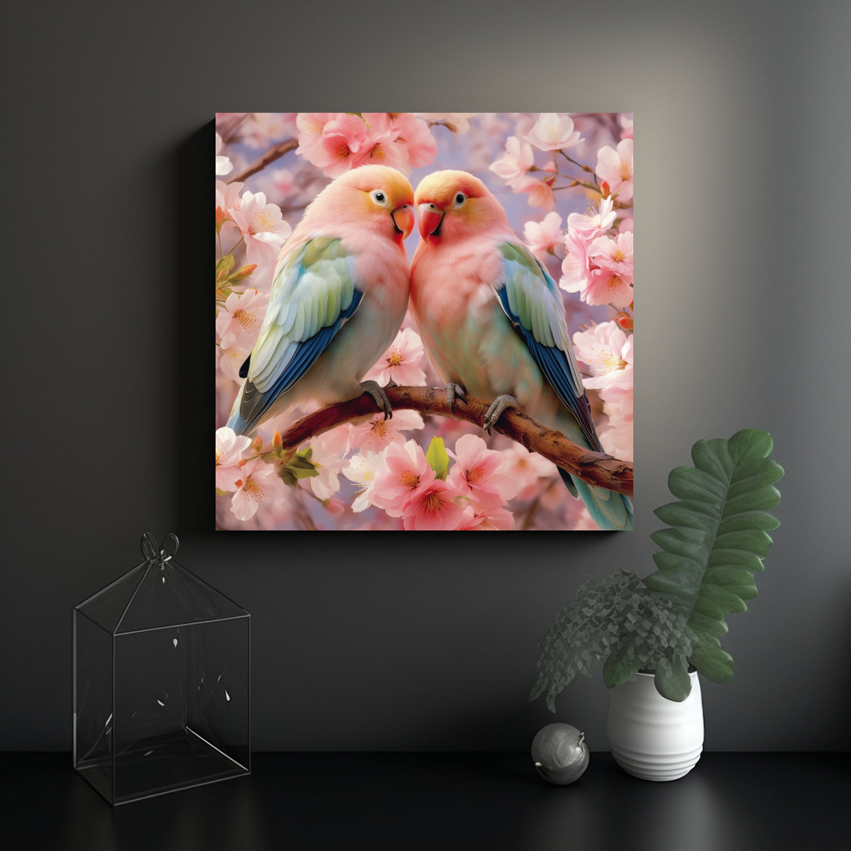 cuadro-de-amor-pareja-de-coloridos-p-jaros-sobre-cerezo-en-flor-1