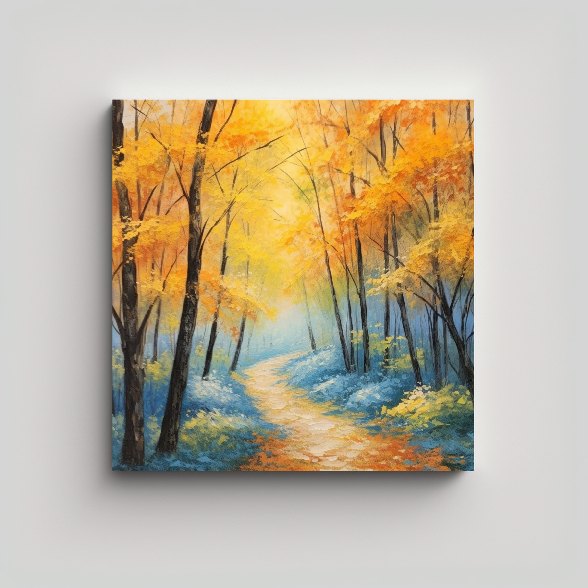 cuadro-de-arte-esquema-arce-amarillo-naranja-con-hojas-verdes-en-bastidor