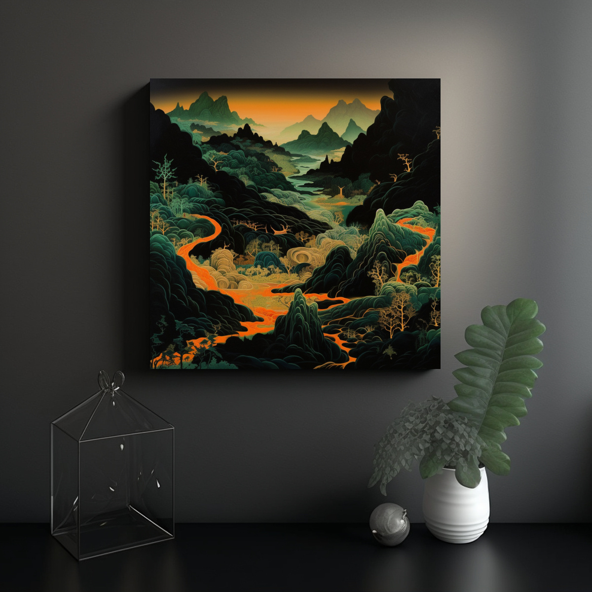 cuadro-moderno-simetr-a-monta-as-en-fondo-negro-s-lido-con-toques-de-naranja-y-verde-1