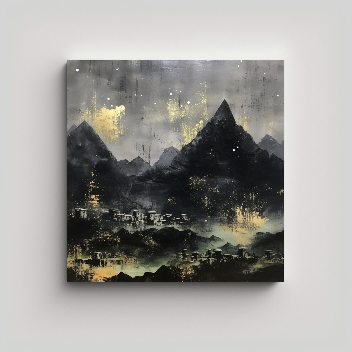 Cuadro Tela Canvas Moderno Con Montañas Negras Y Fondo Gris