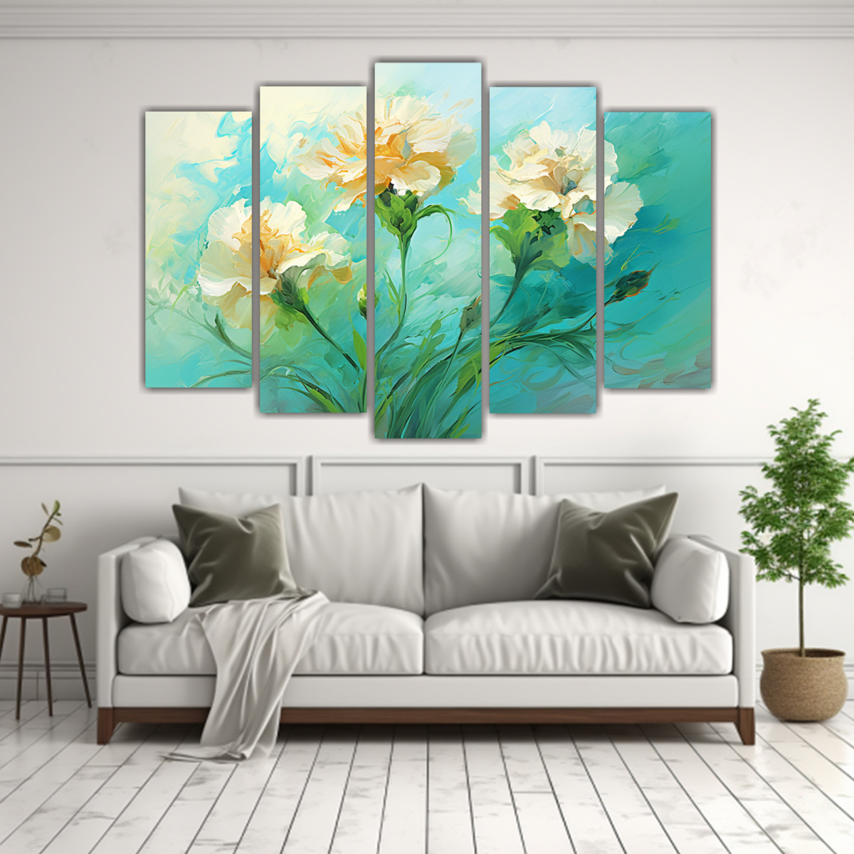 cuadros-abstractos-de-tela-con-tema-de-claveles-verde-y-turquesa-1