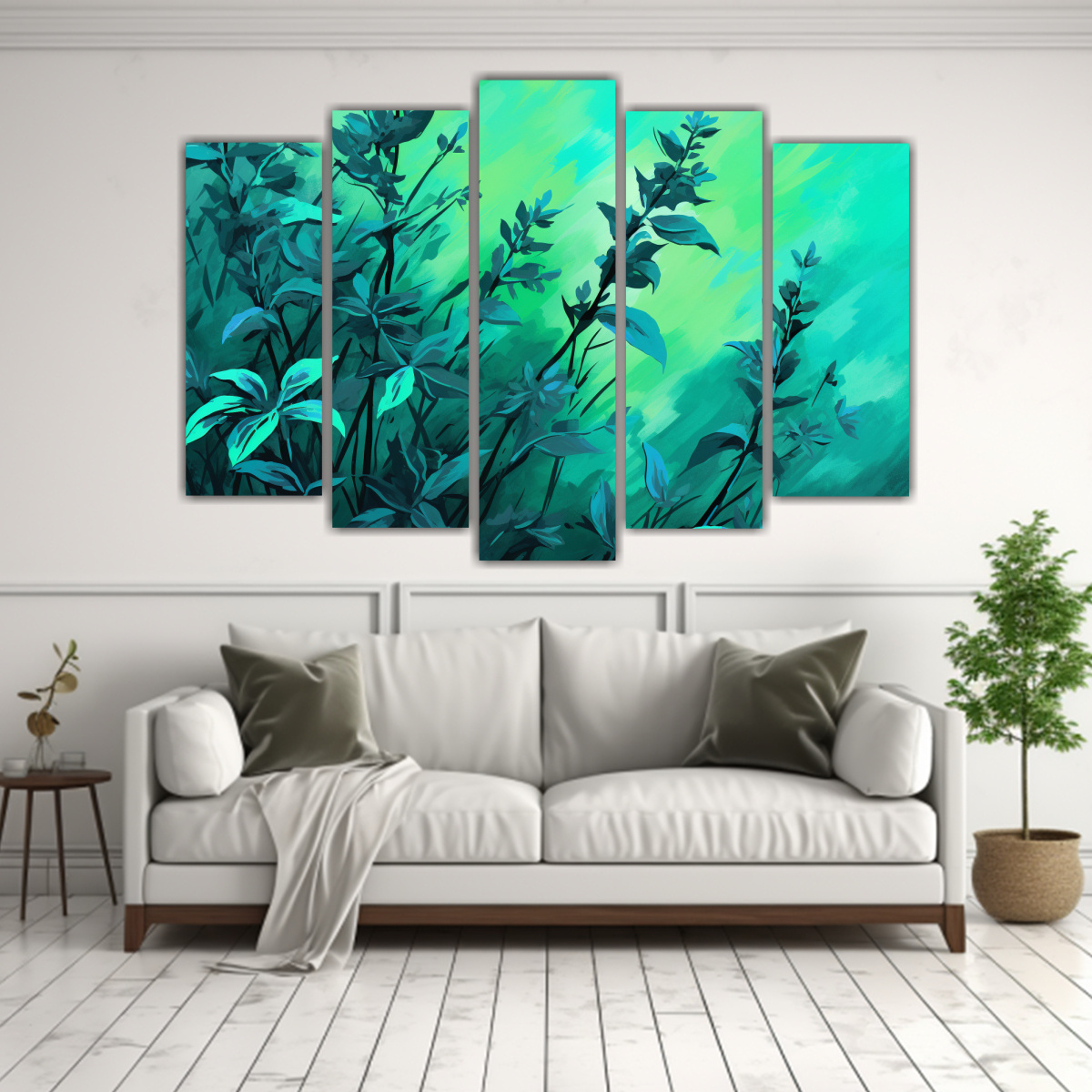 cuadros-acuarela-set-5-hierbas-thyme-en-verde-y-turquesa-estilo-neonoir-1