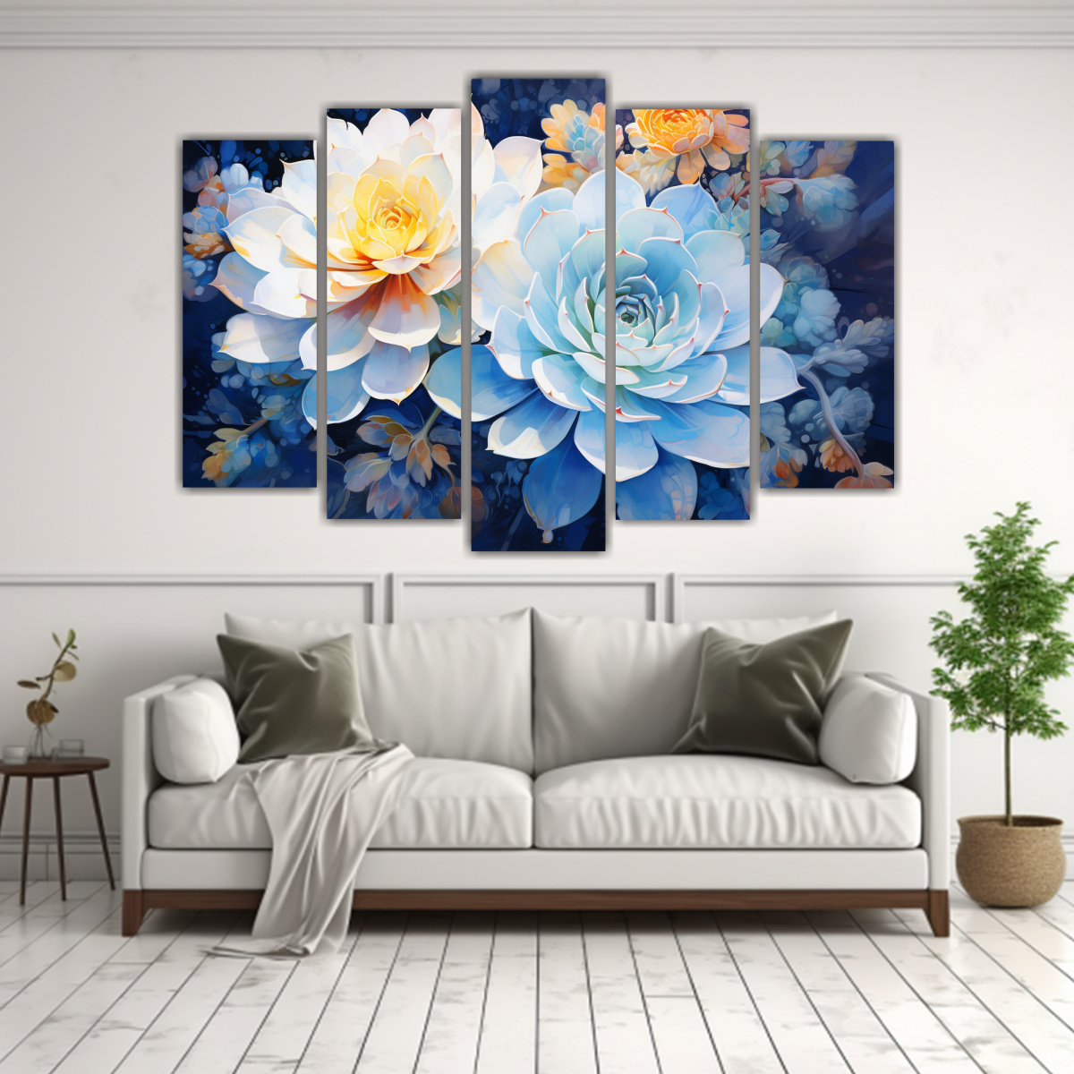 cuadros-tela-moderno-exuberantes-suculentas-blancas-y-azules-1