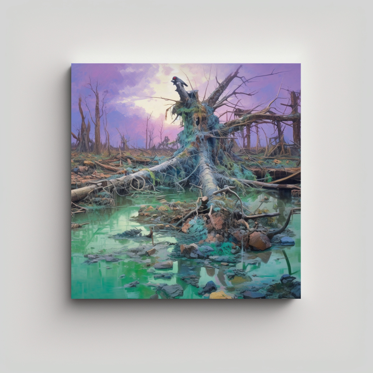 Paisaje Contaminado Árbol Caído Simplicidad Verde Azul Morado Pinturas Decorativas Enfermizas