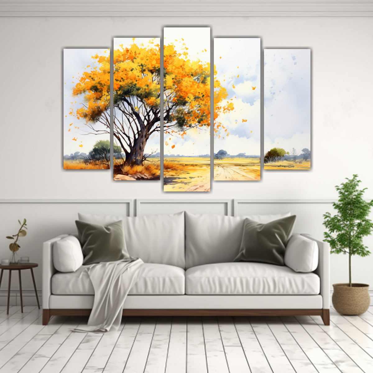 pintura-abstracta-en-cinco-telas-tonos-amarillo-y-naranja-de-rbol-de-acacia-1