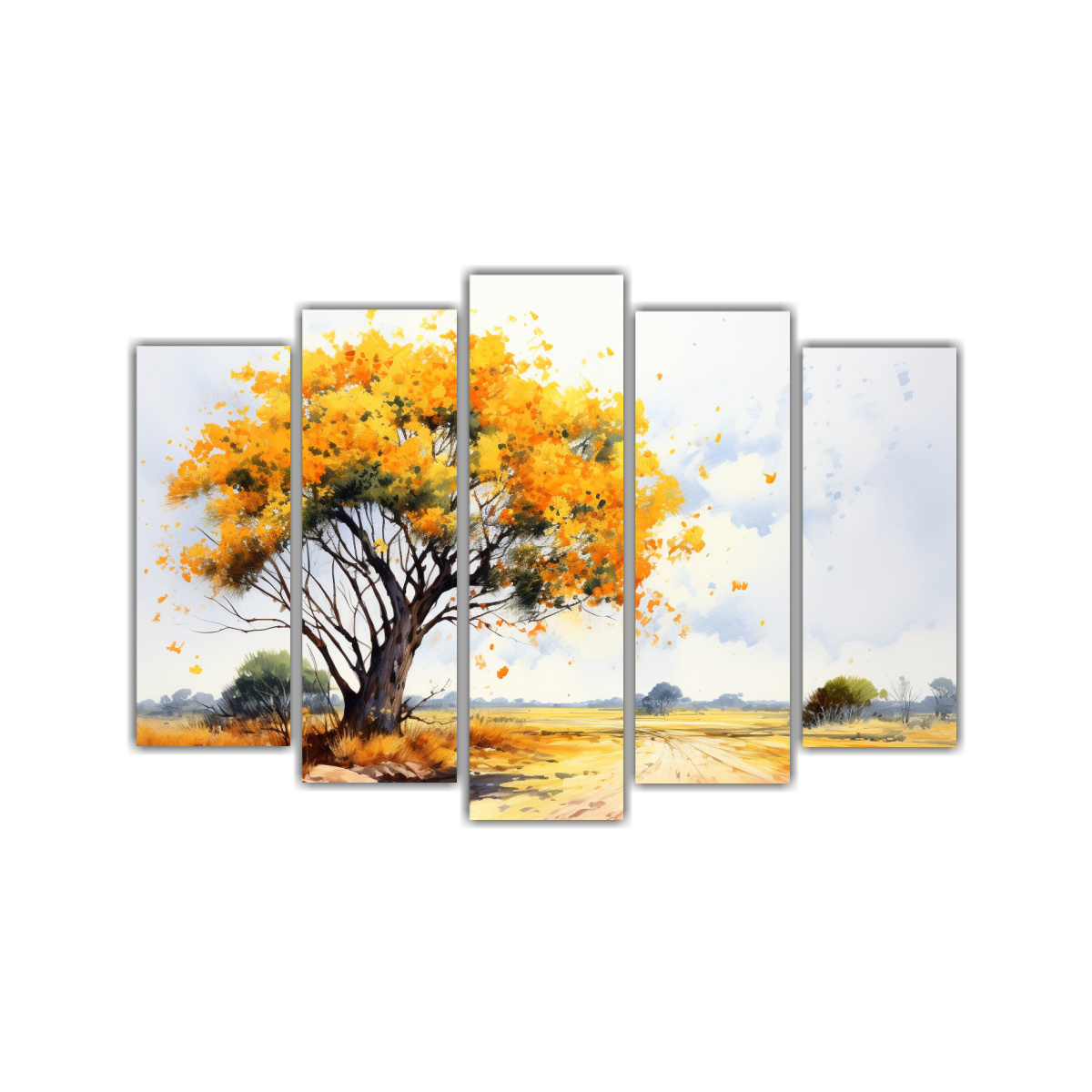 pintura-abstracta-en-cinco-telas-tonos-amarillo-y-naranja-de-rbol-de-acacia