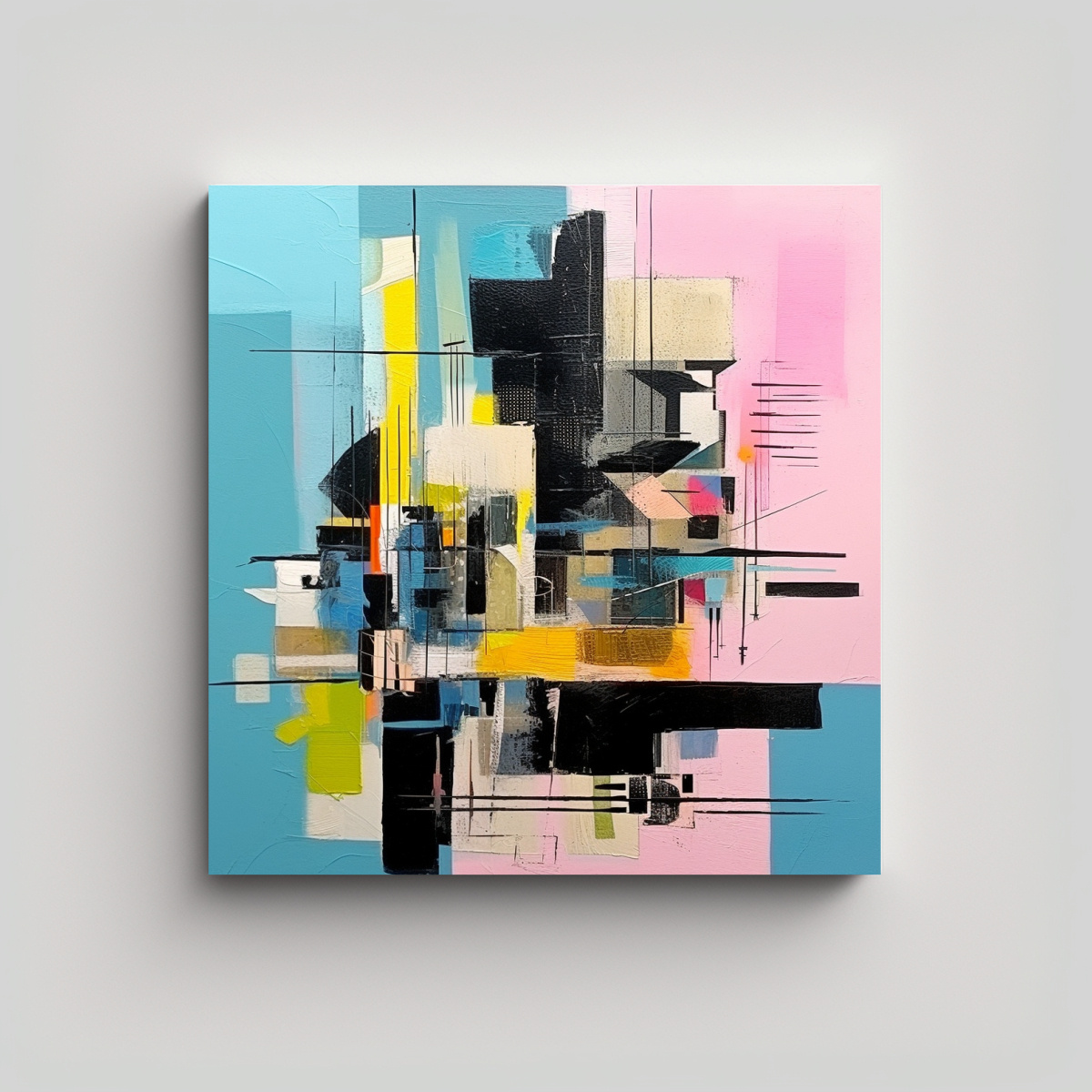 pintura-abstracta-en-lienzo-con-rejilla-sobre-azul-y-rosa