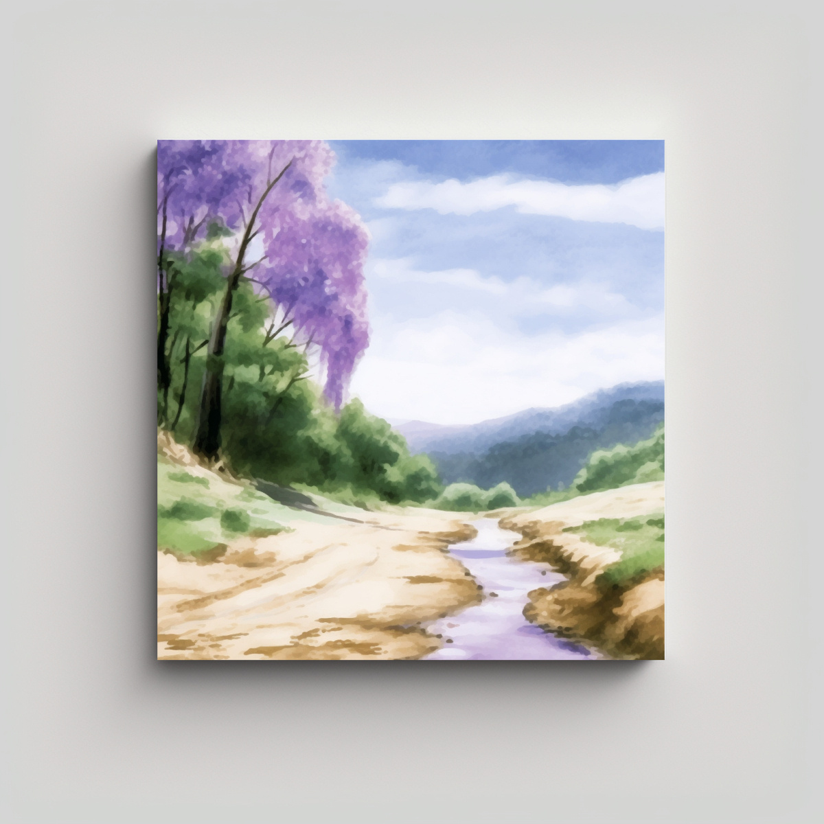 pintura-acuarela-paisaje-bosque-camino-cielo-rbol-nube-blanca-arte-decorativo