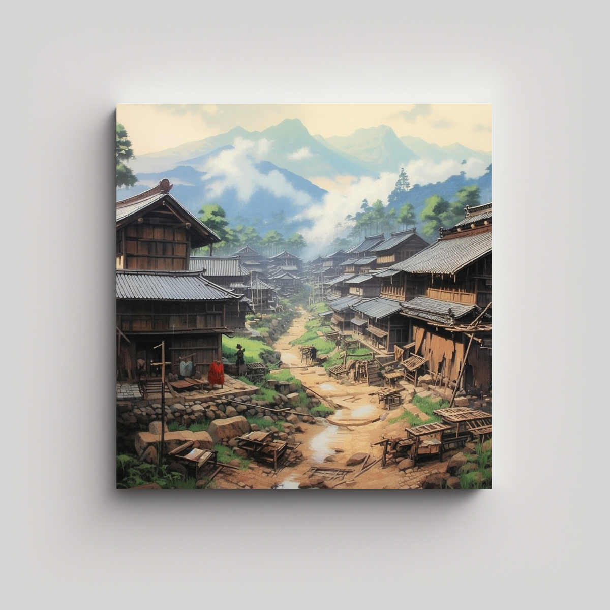 pintura-al-leo-cuadro-equilibrio-antigua-aldea-japonesa