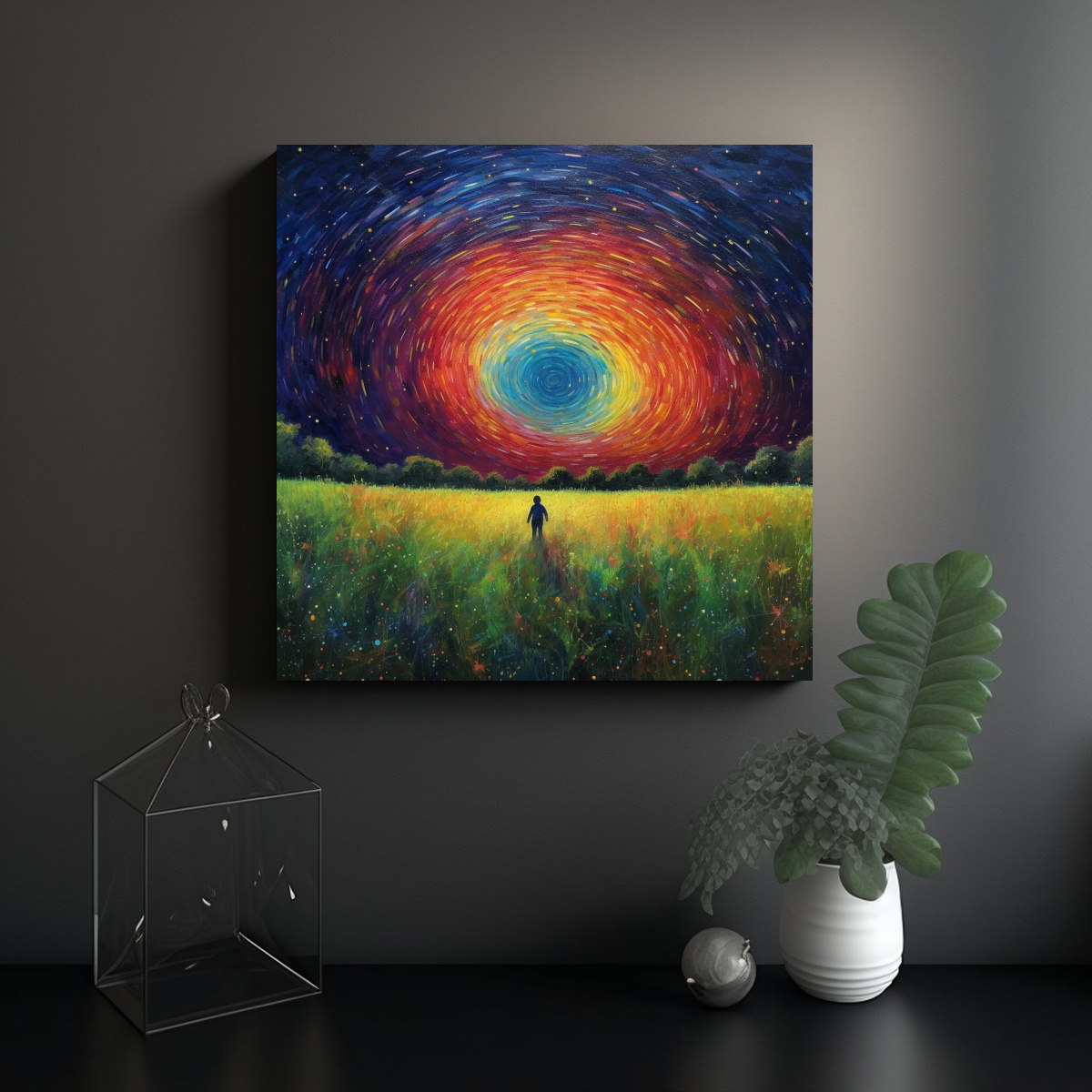 pintura-lienzo-colores-arco-ris-estrellado-noche-cielo-campo-ni-o-observando-1