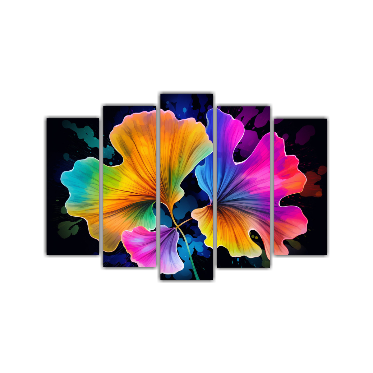 pinturas-bastidor-cinco-telas-calidez-hojas-ginkgo-arco-ris-neo-noir-