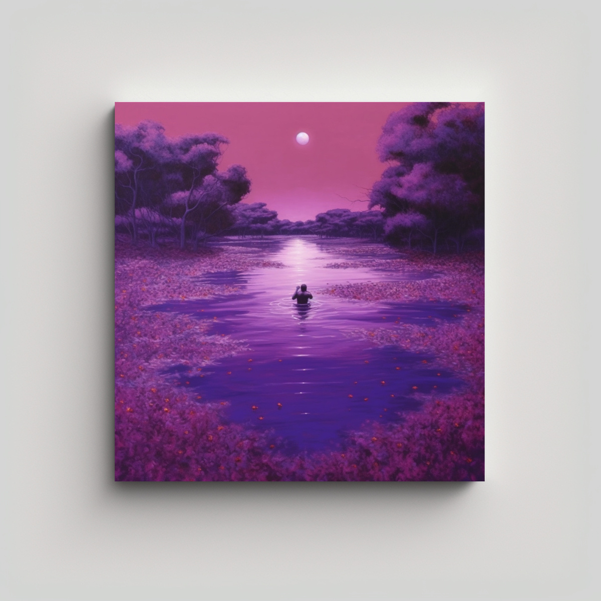 pinturas-de-decoraci-n-de-hombre-nadando-en-estanque-morado-con-tonos-profundos