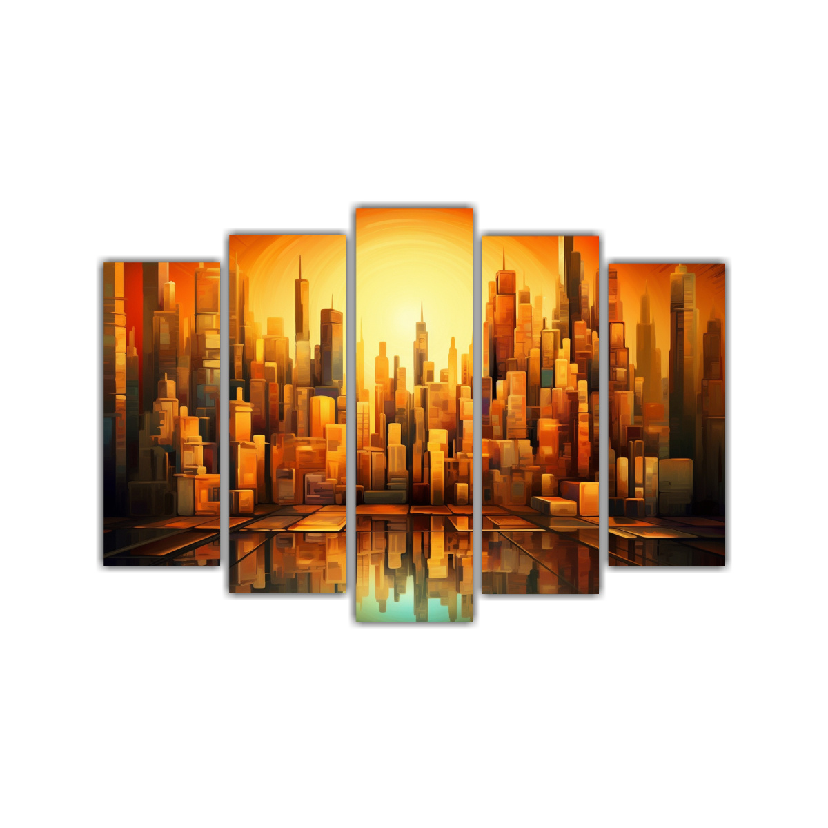 pinturas-de-pared-estilo-ciudad-cubista-en-oro-y-colores-desplazados-