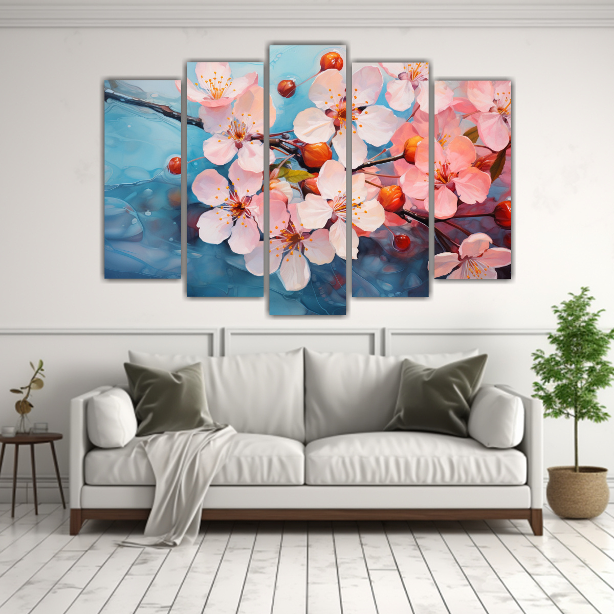 pinturas-decorativas-abstractas-en-naranja-y-azul-con-imagen-de-cerezo-en-flor-1