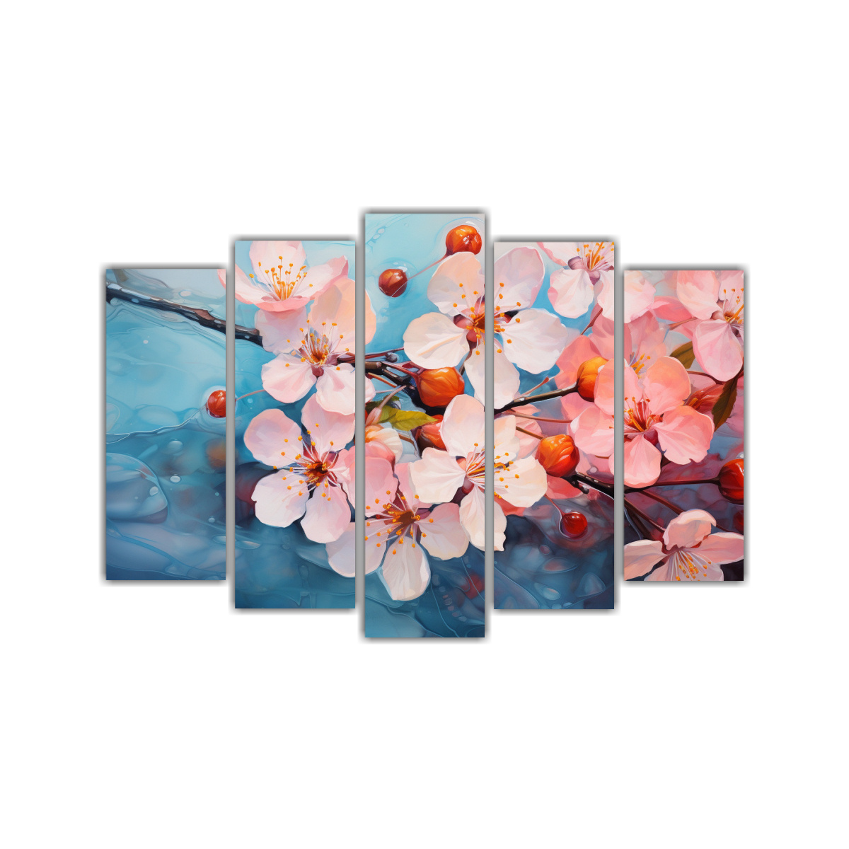 pinturas-decorativas-abstractas-en-naranja-y-azul-con-imagen-de-cerezo-en-flor