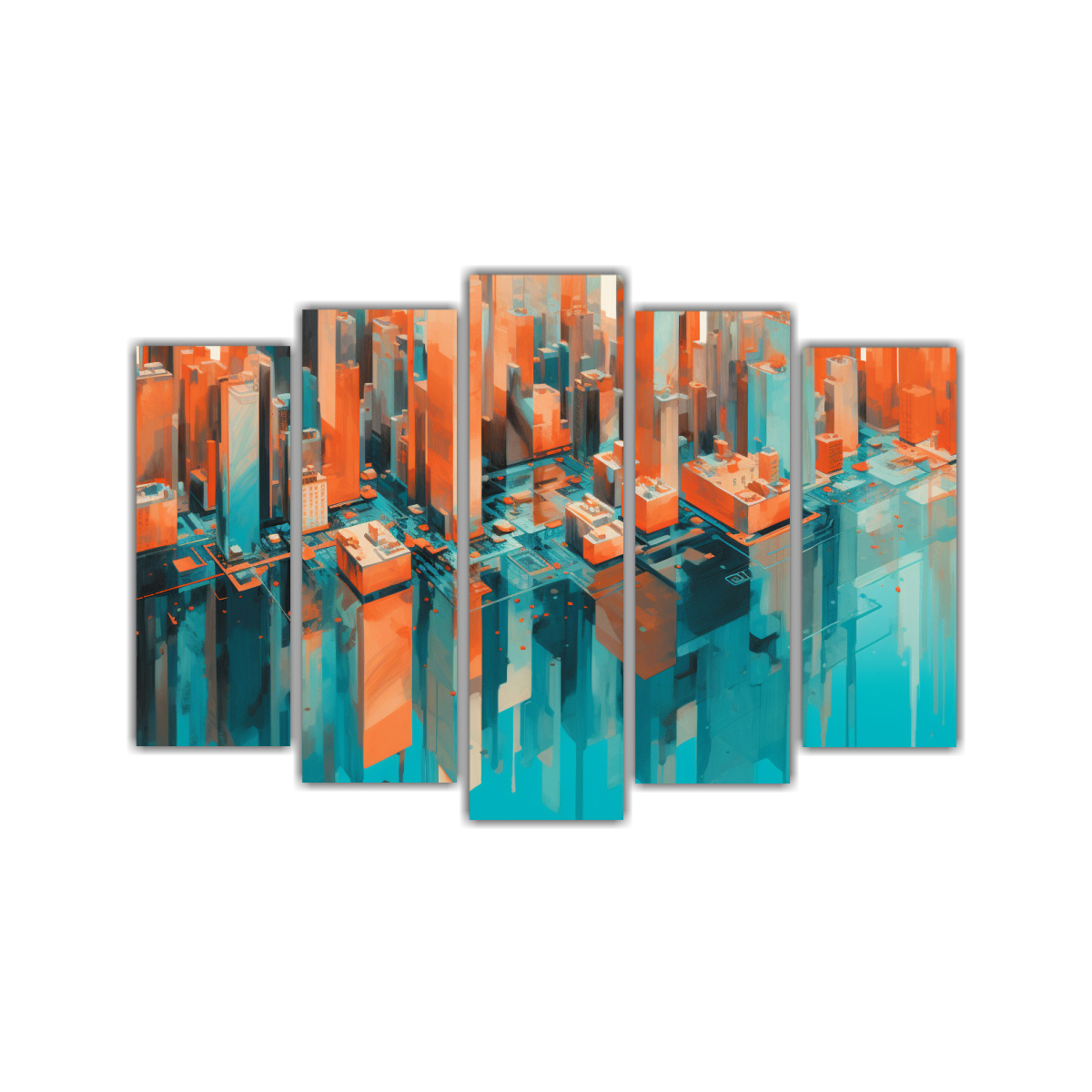 pinturas-decorativas-de-arquitectura-urbana-en-naranja-y-azul-vibrante