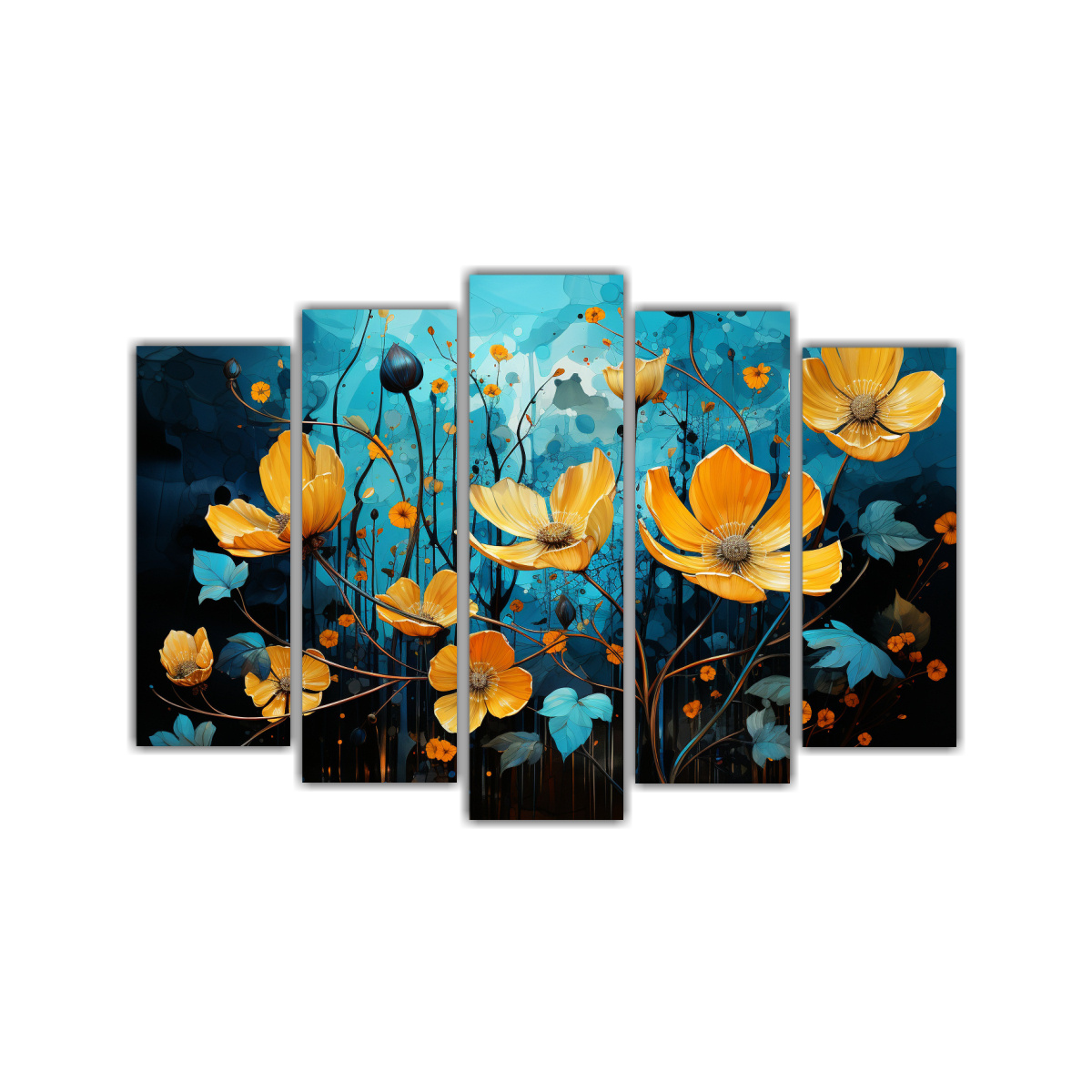 pinturas-decorativas-de-estilo-neonoir-con-un-rbol-de-higo-en-amarillo-y-turquesa-