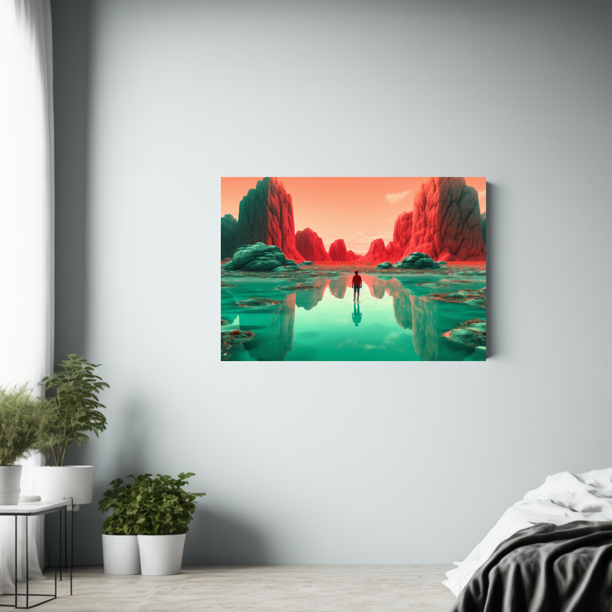 arte-de-pared-lienzo-con-hombre-en-la-orilla-del-lago-1