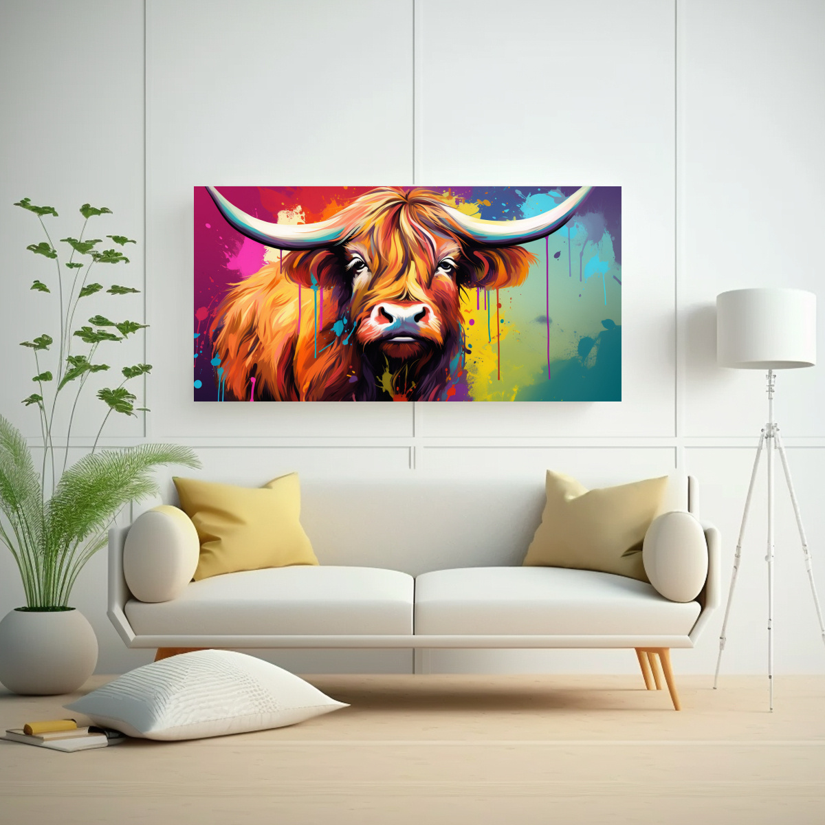 arte-pared-vaca-highland-en-tonos-arco-ris-morados-neo-pop-art-1