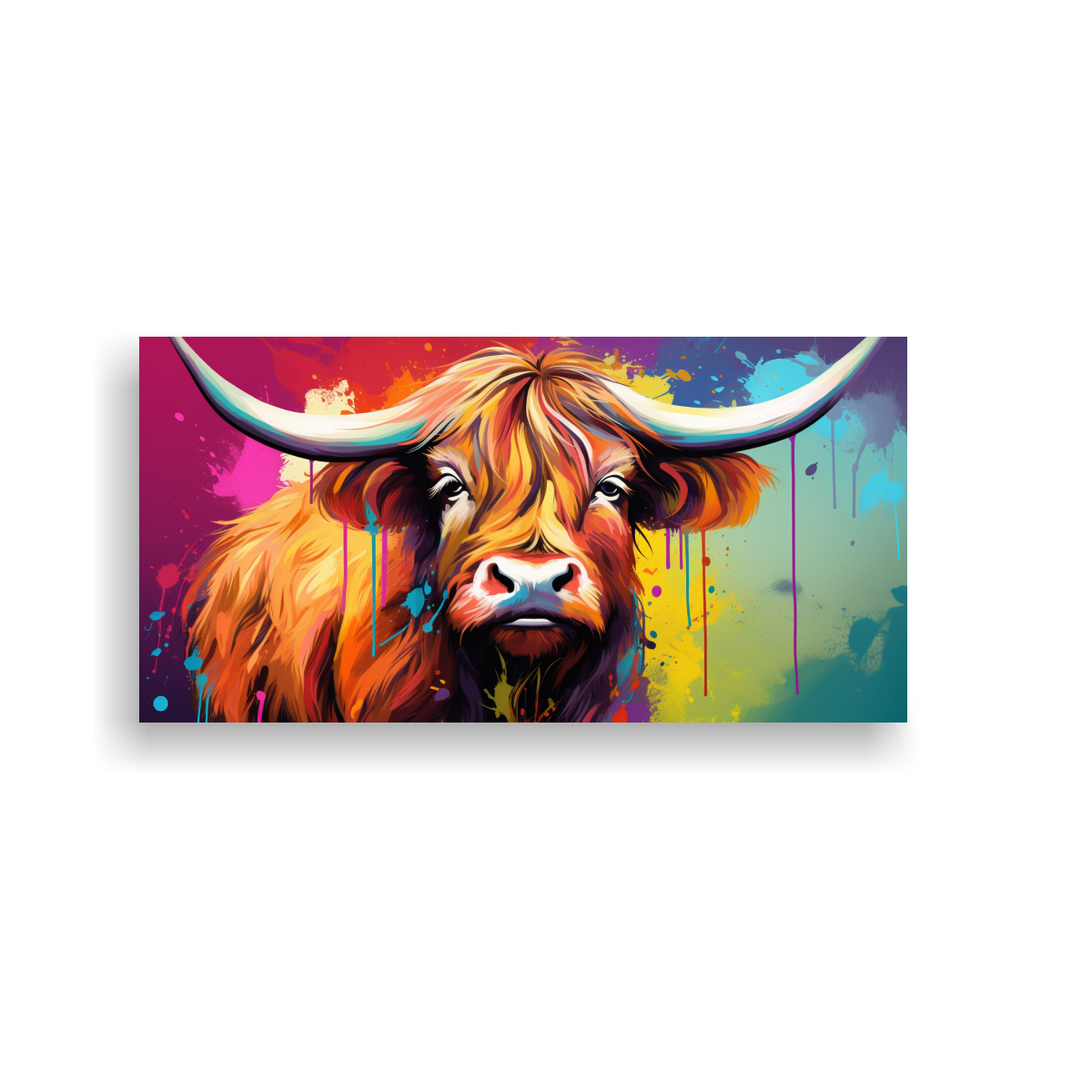 arte-pared-vaca-highland-en-tonos-arco-ris-morados-neo-pop-art