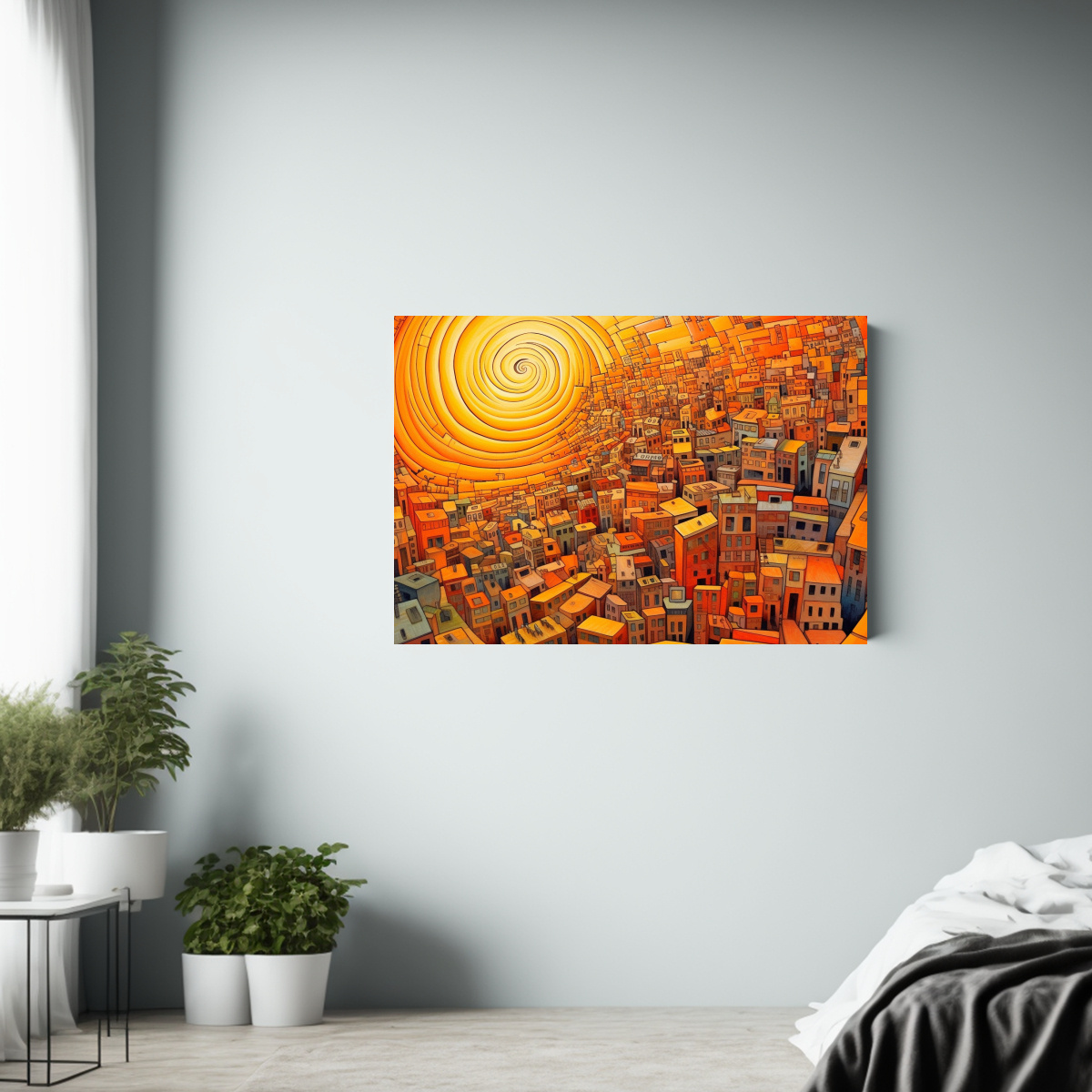 cuadro-de-ciudad-abstracta-en-espiral-en-tono-naranja-1