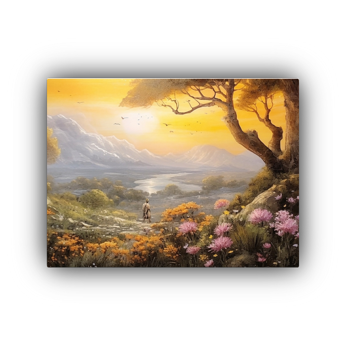 cuadro-de-flores-y-rboles-al-amanecer-en-la-monta-a-arte-de-pared-