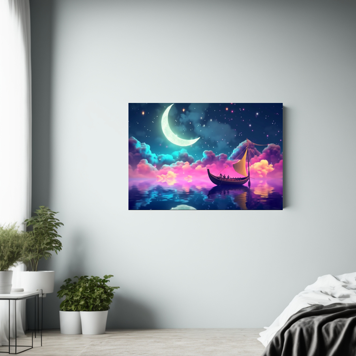 cuadro-impreso-tela-barco-luna-estrellas-flores-fondo-1