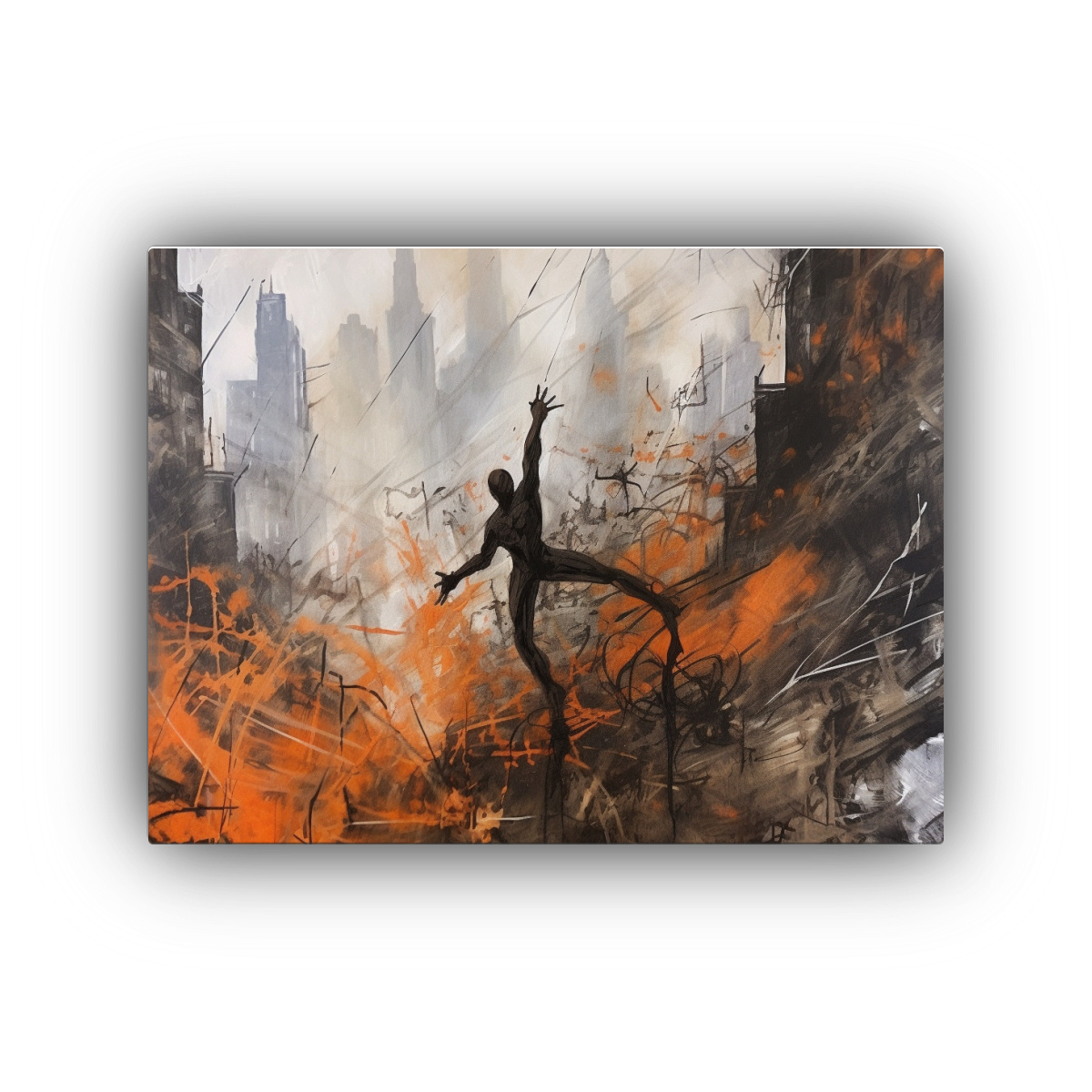 cuadro-moderno-urbano-spiderman-en-la-ciudad-estilo-negro-y-naranja-
