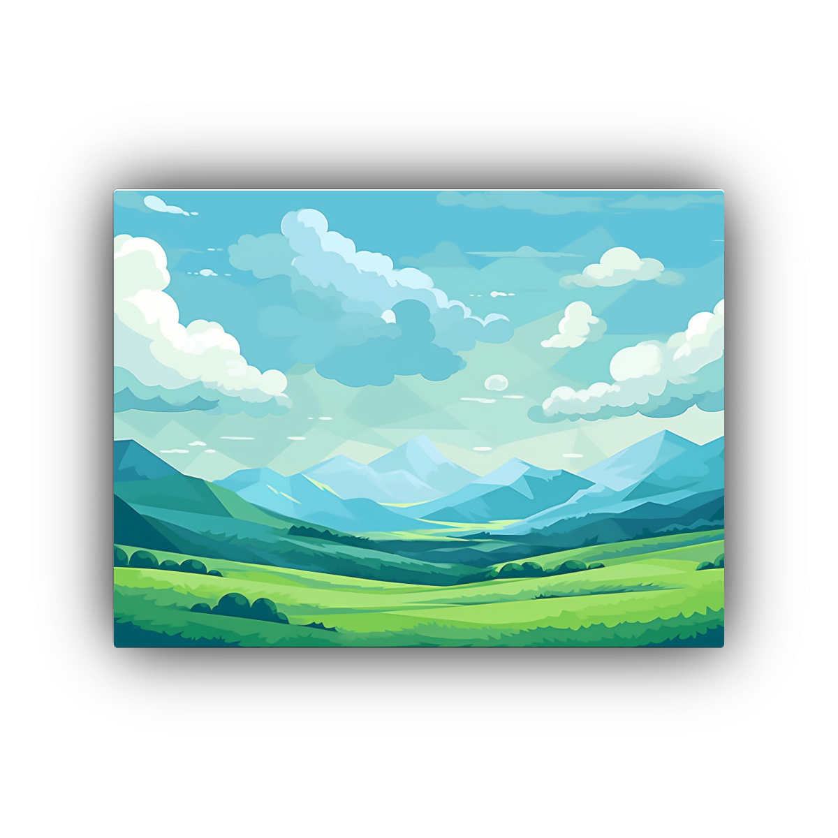 cuadro-paisaje-azul-con-nubes-y-monta-as-al-fondo-sobre-lienzo-verde